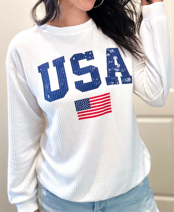 White USA Flag Ribbed Long Sleeve