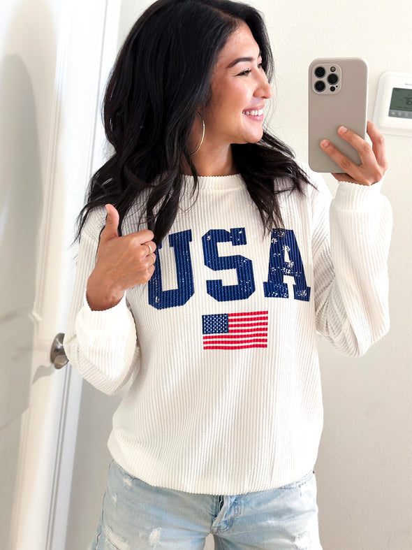 White USA Flag Ribbed Long Sleeve