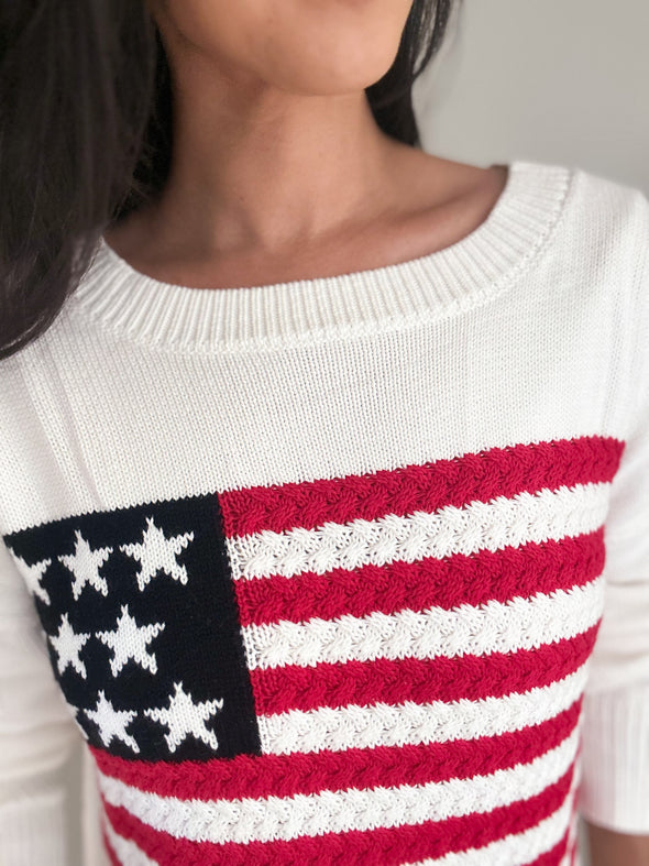 Wide Neck American Flag Knit Sweater