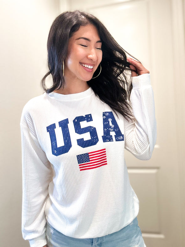 White USA Flag Ribbed Long Sleeve