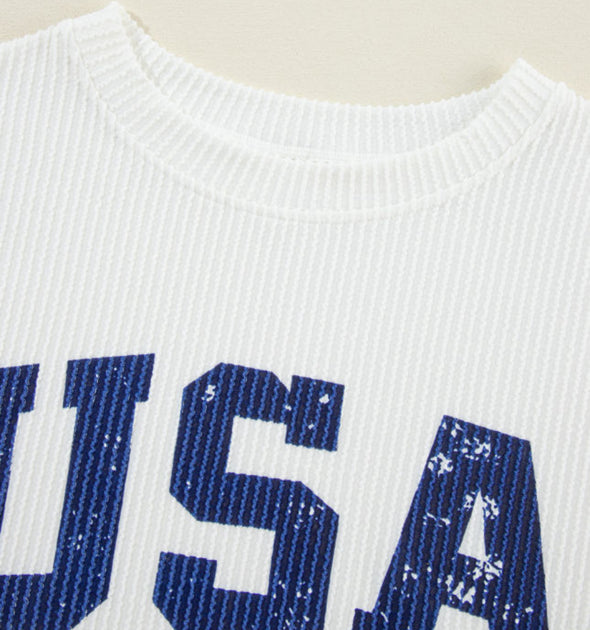 White USA Flag Ribbed Long Sleeve