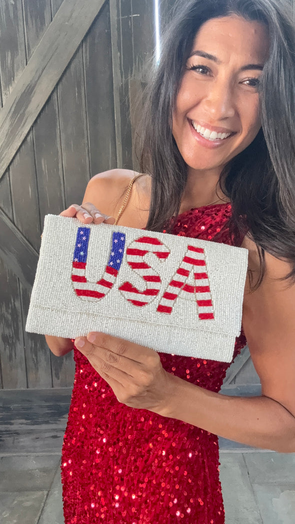 White Beaded Handmade Beaded USA Clutch