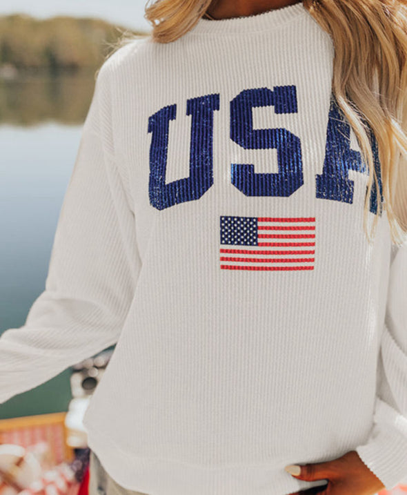 White USA Flag Ribbed Long Sleeve