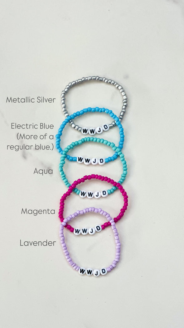 WWJD Stretchy Beaded Bracelet Electric Blue