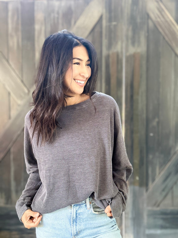 Dark Grey Waffle Knit Top | AFC Boutique