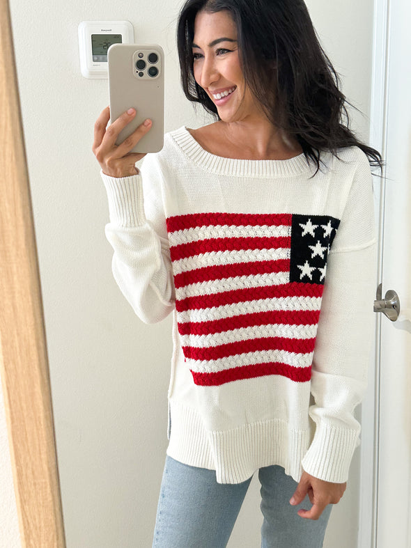 Wide Neck American Flag Knit Sweater