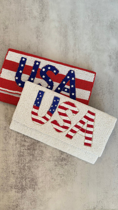 White Beaded Handmade Beaded USA Clutch