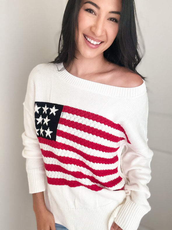 Wide Neck American Flag Knit Sweater