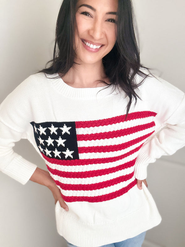 Wide Neck American Flag Knit Sweater