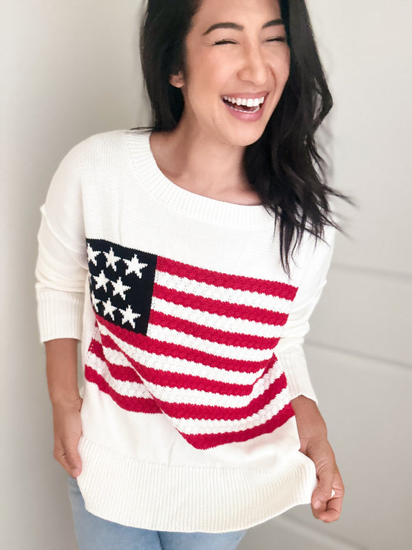 Wide Neck American Flag Knit Sweater