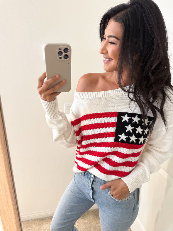 Wide Neck American Flag Knit Sweater