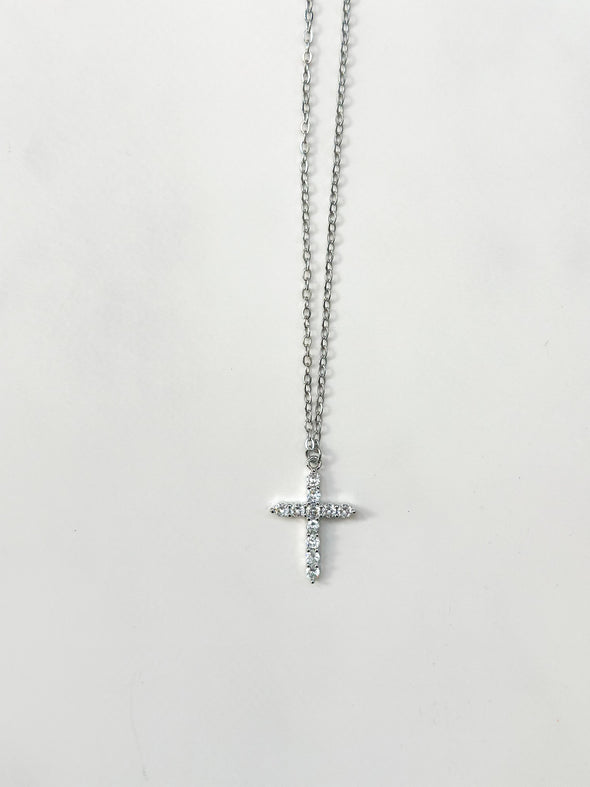 Crystal Cross Necklace, White Gold Plated