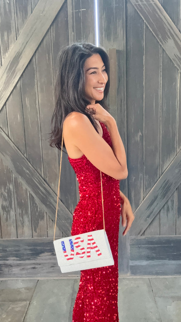 White Beaded Handmade Beaded USA Clutch