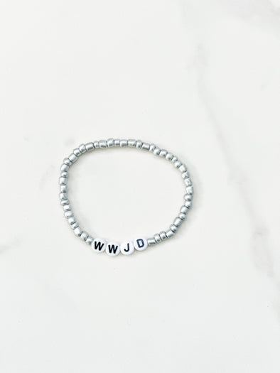 WWJD Stretchy Beaded Bracelet Metallic Silver