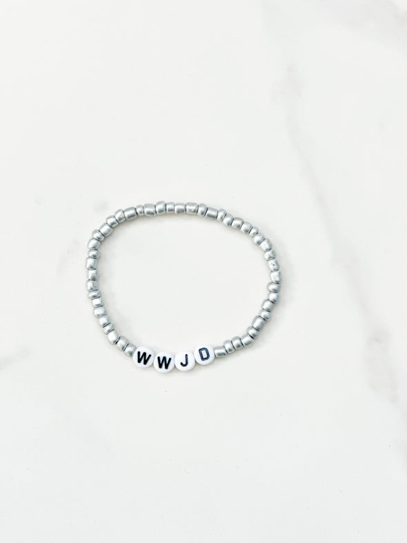 WWJD Stretchy Beaded Bracelet Metallic Silver