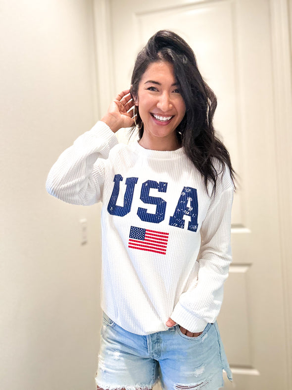 White USA Flag Ribbed Long Sleeve