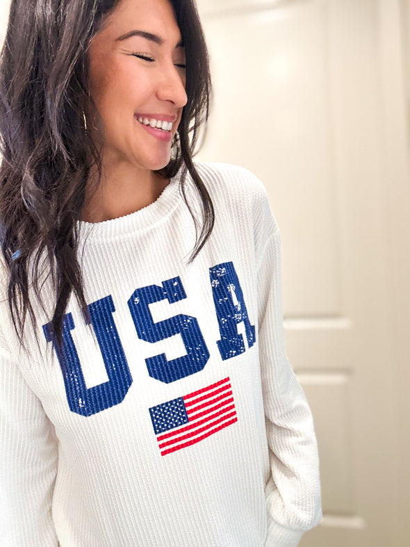 White USA Flag Ribbed Long Sleeve