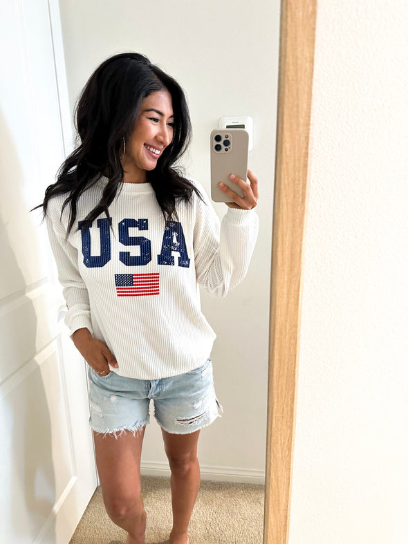 White USA Flag Ribbed Long Sleeve