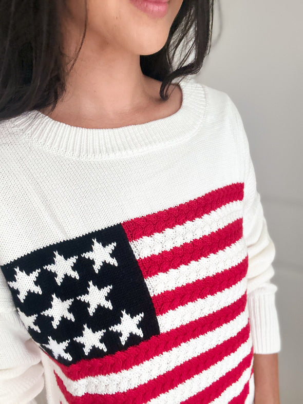 Wide Neck American Flag Knit Sweater