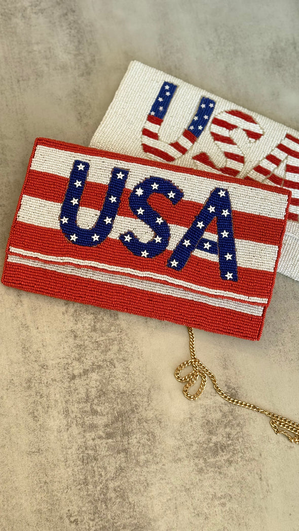 Red and White Striped Handmade Beaded USA Clutch
