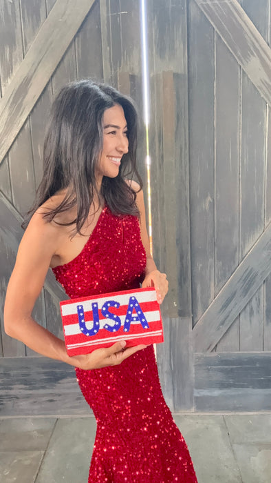 Red and White Striped Handmade Beaded USA Clutch