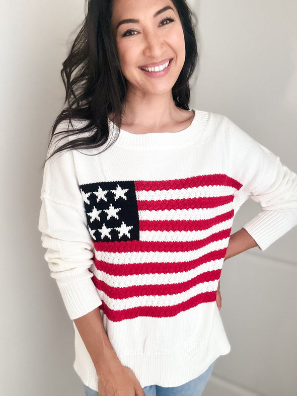 Wide Neck American Flag Knit Sweater