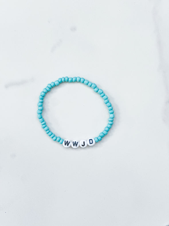 WWJD Stretchy Beaded Bracelet Aqua