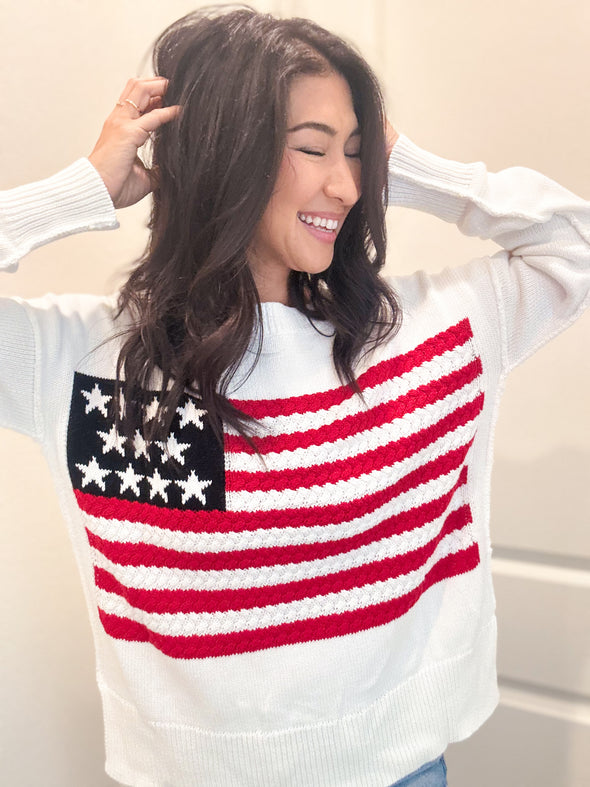 Wide Neck American Flag Knit Sweater