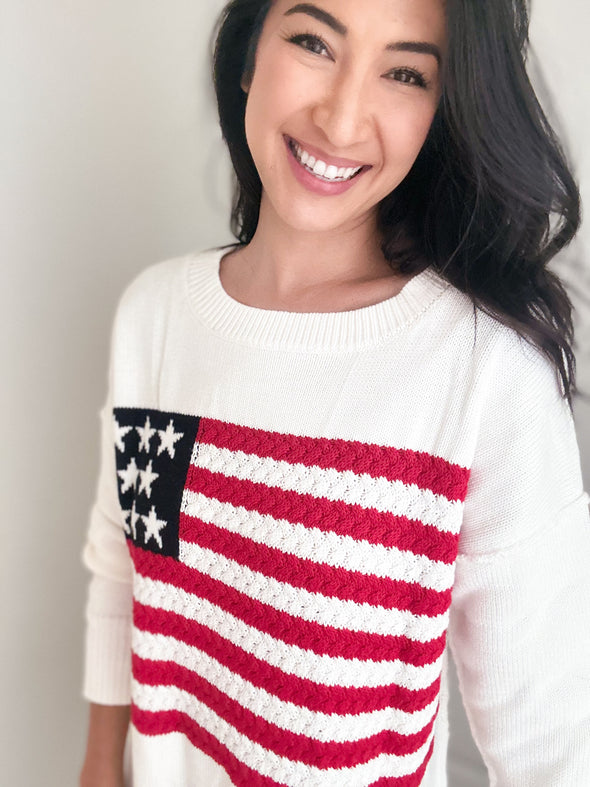 Wide Neck American Flag Knit Sweater