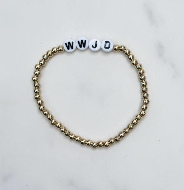 WWJD Beaded Bracelet Gold with White Beads