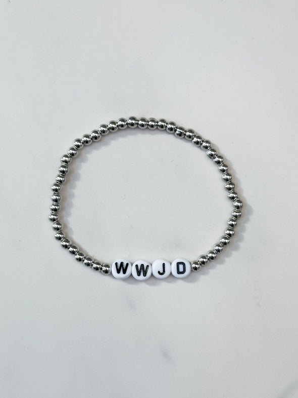 WWJD Beaded Bracelet Silver with White Beads